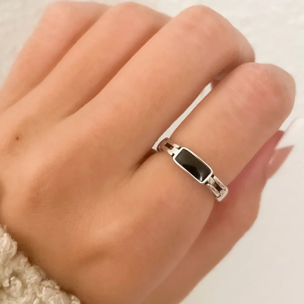 925 Sterling Silver Dainty Bar Ring Black Bar Ring Link Ring Minimalist Ring